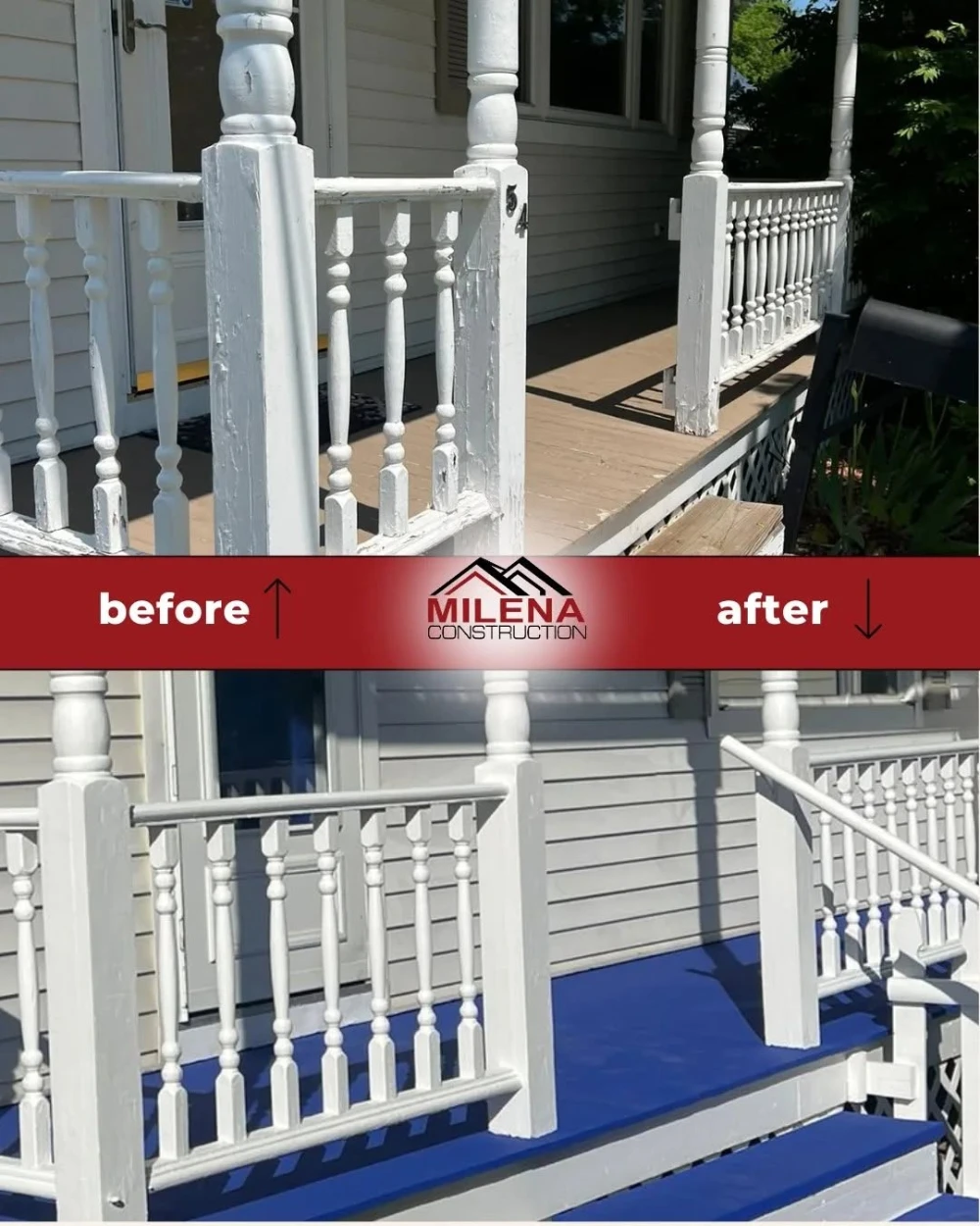 Before and after: porch railing restoration and repaint in Southern NH