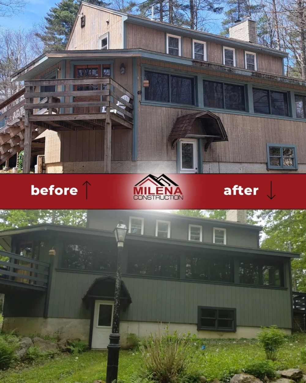 Before and after: screened porch and exterior renovation on a New Hampshire home