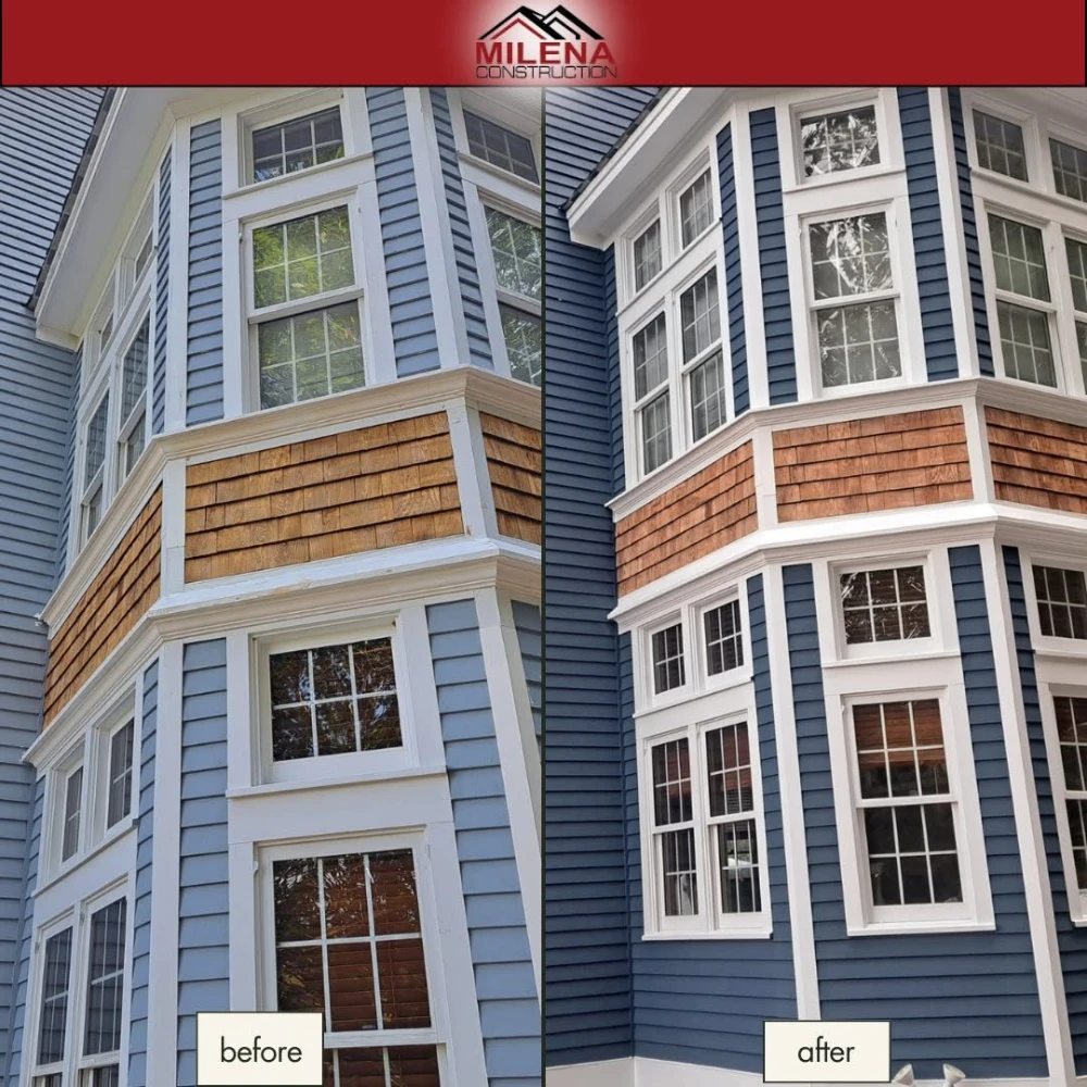 Before and after: siding and trim repaint on a blue bay-window home