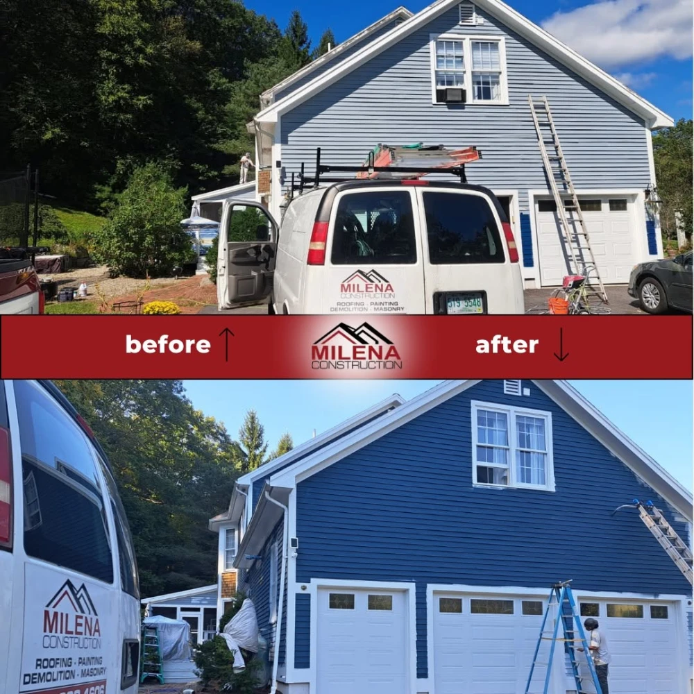 Before and after: exterior painting and roof replacement on a blue New Hampshire home