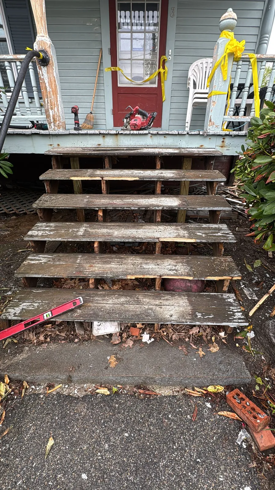 Exterior wooden staircase during a rebuild