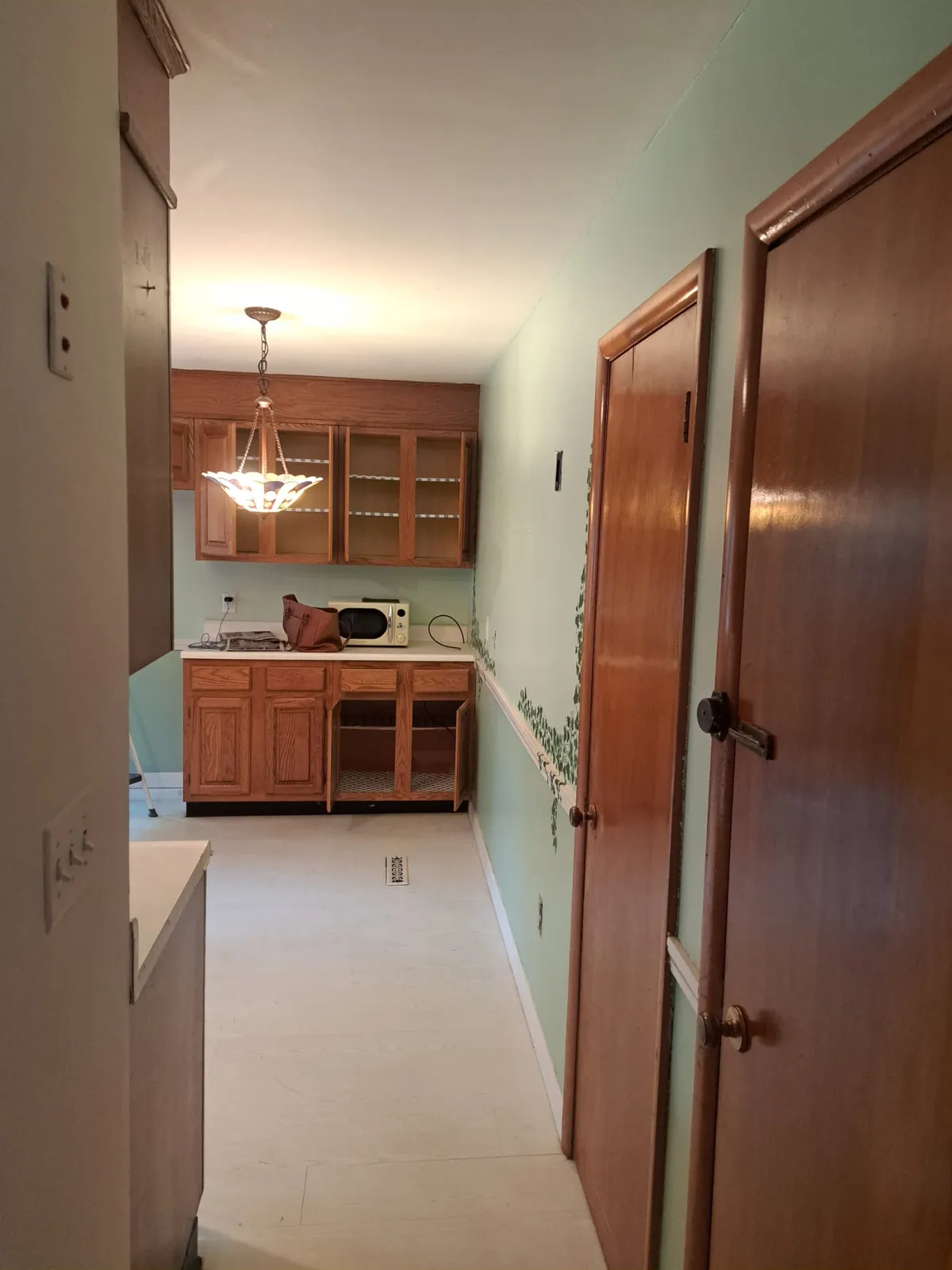 Interior hallway with a wood door and fresh paint