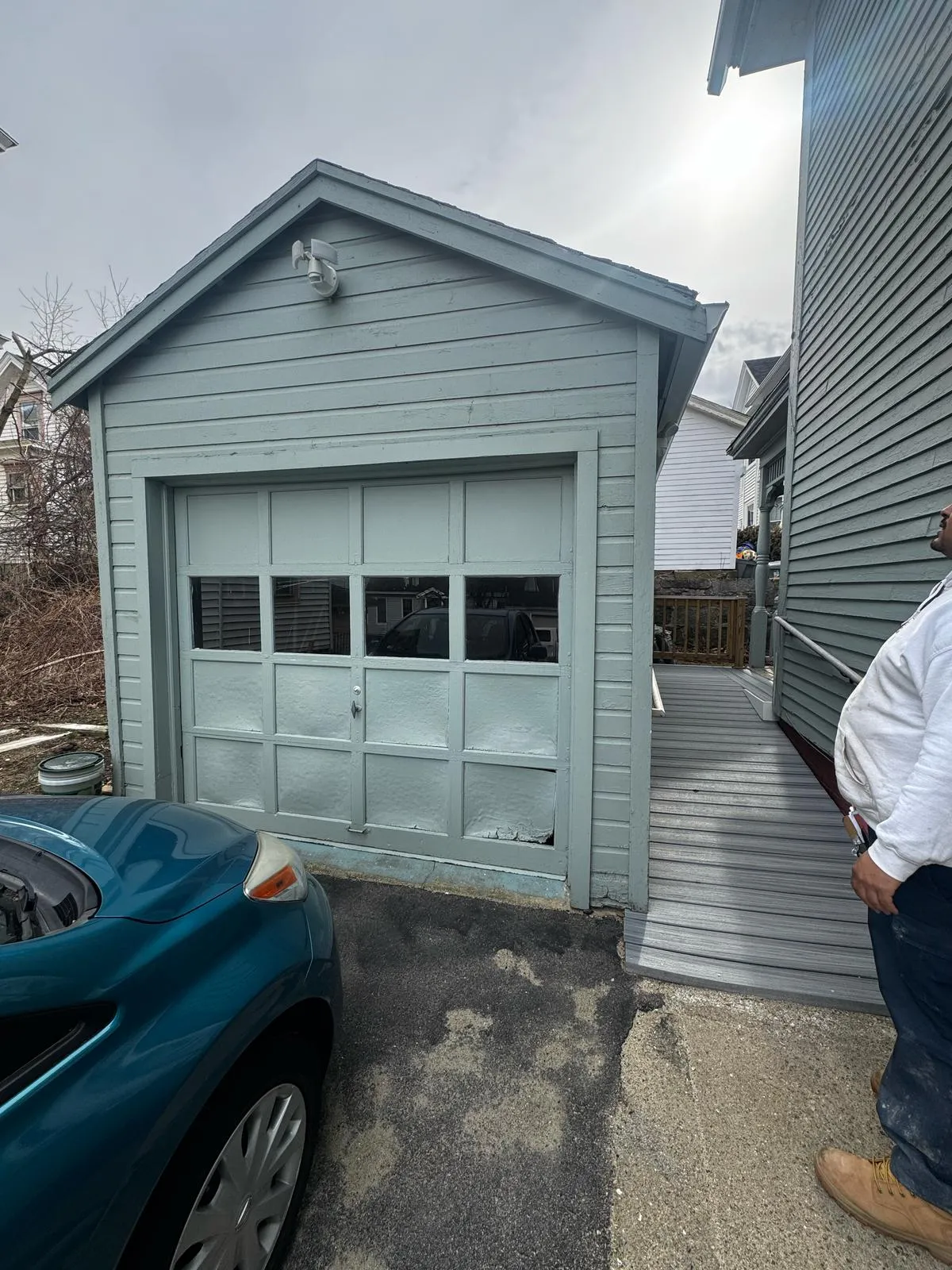 Detached garage during an exterior repaint