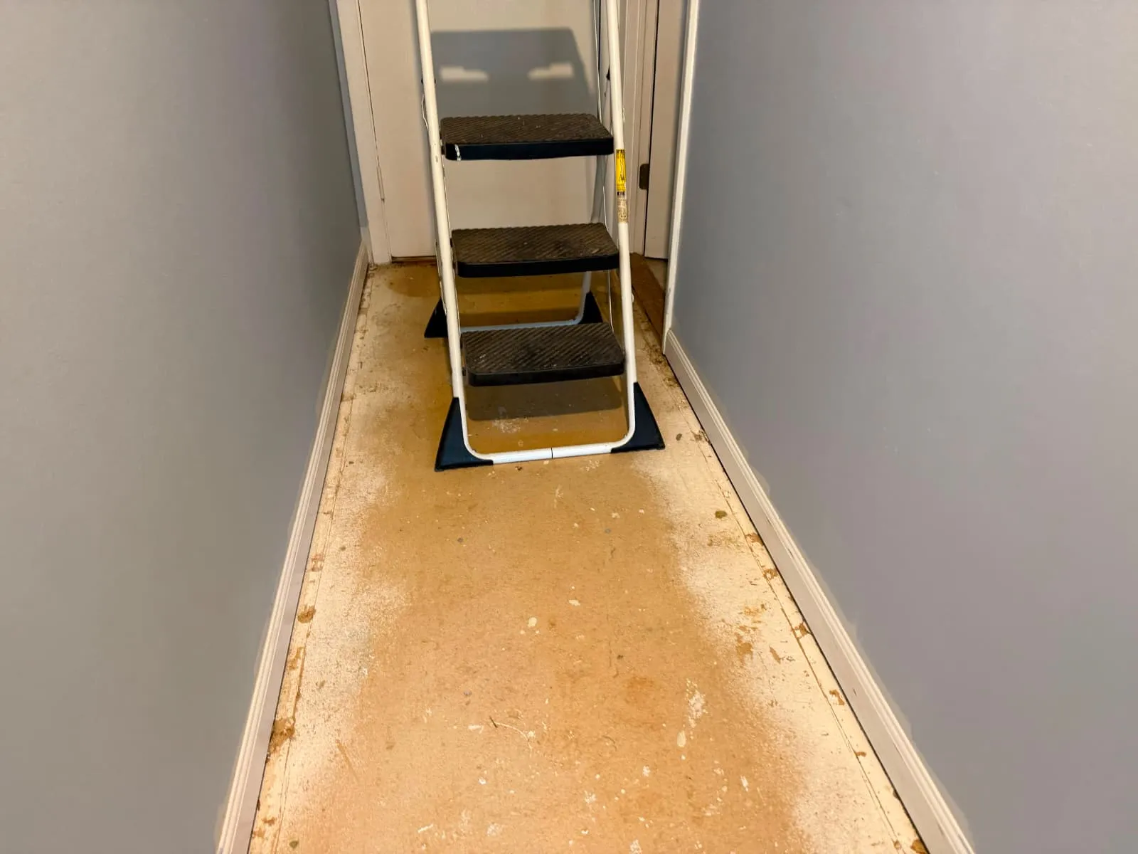 Hallway subfloor prepped for new flooring